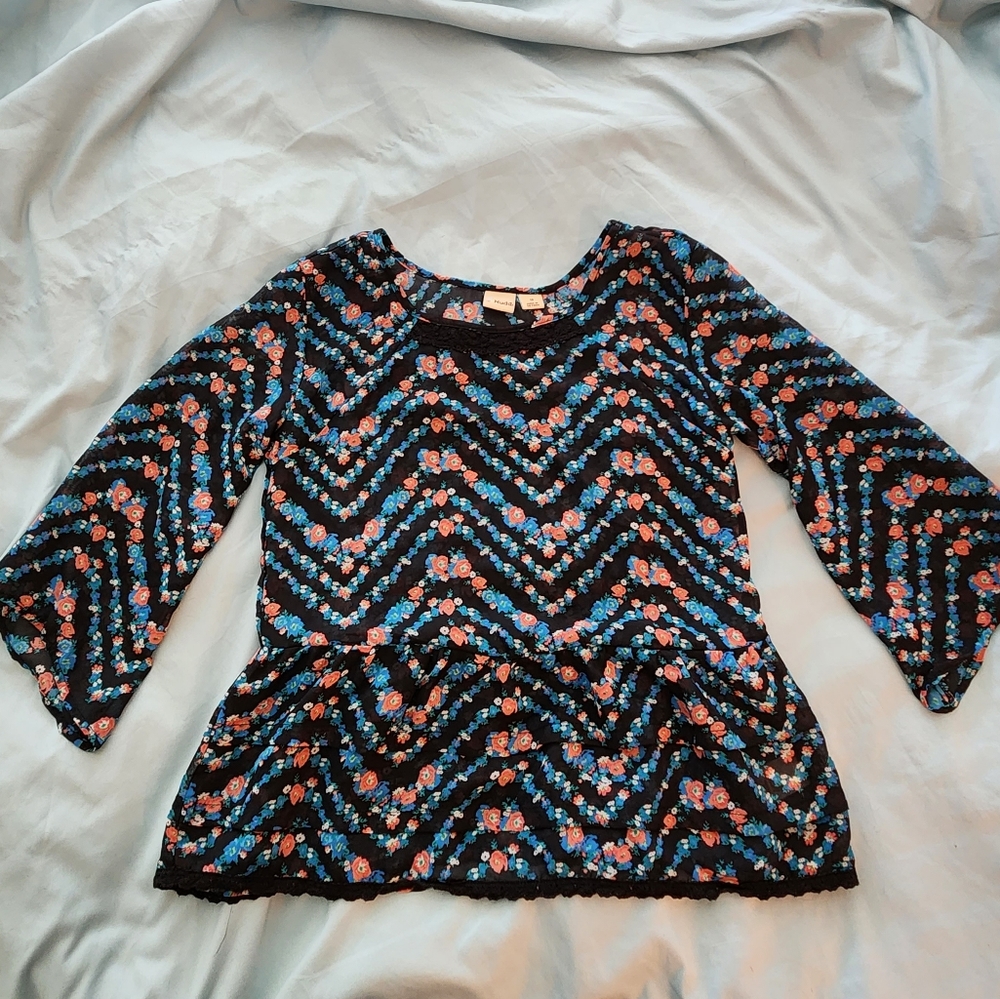 Mudd Sheer Black Floral Chevron Bell Sleeve Peplum Shirt | Girl's Size 12